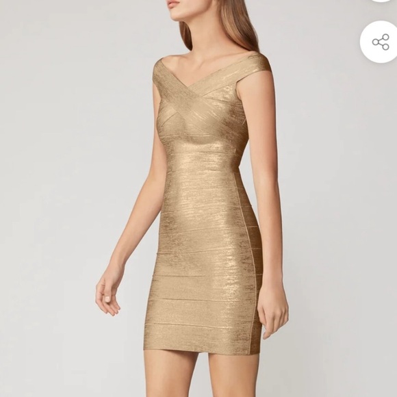 Herve Leger gold shimmer criss cross foil bodycon bandage dress XS NWT - Picture 5 of 13